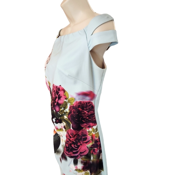 Ignite Evenings Off The Shoulder Floral Cocktail Fitted Dress Aqua Multi-Color 8 - Picture 3 of 10
